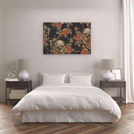 Canvas schilderij slaapkamer Doodshoofden met Bloemen - Schedels