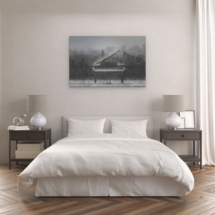 Canvas schilderij slaapkamer Piano in de Regen voor een Stad