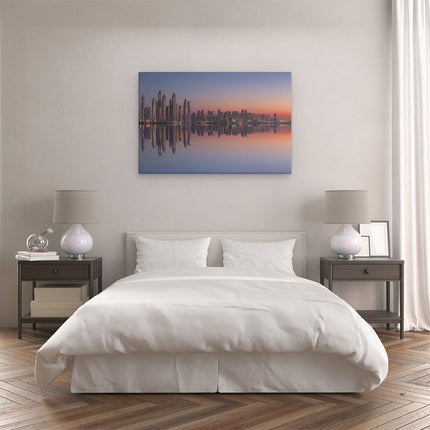 Canvas schilderij slaapkamer Skyline Dubai Stad bij Zonsondergang