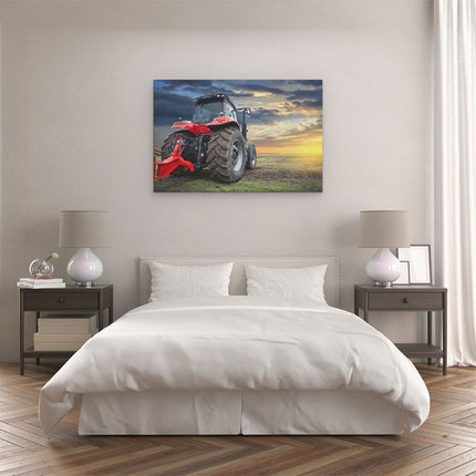 Canvas schilderij slaapkamer Rode Tractor bij Zonsondergang - Trekker