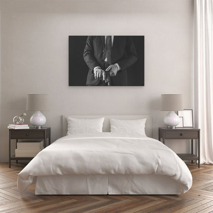 Canvas schilderij slaapkamer Man in Pak met een Pistool - Zwart Wit