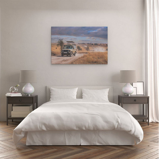 Canvas schilderij slaapkamer Safari Auto in de Savanne