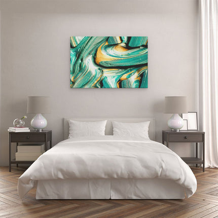 Canvas schilderij slaapkamer Abstracte Kunst - Groen met Gouden Verf