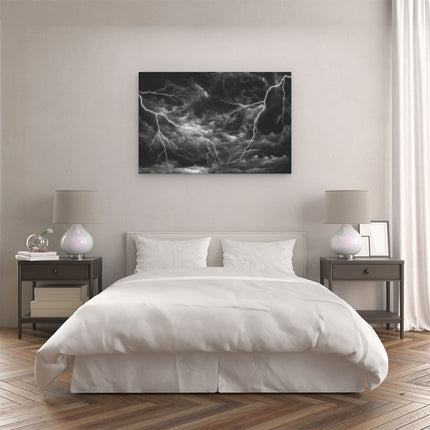Canvas schilderij slaapkamer Donkere Wolken met Bliksem - Zwart Wit