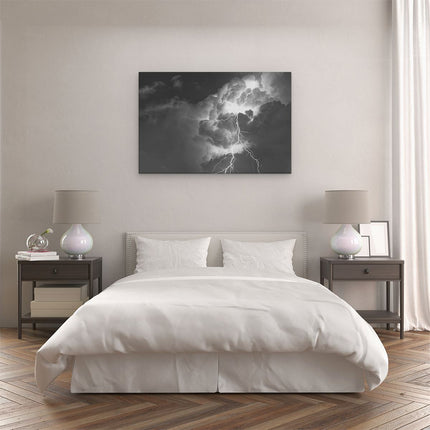Canvas schilderij slaapkamer Blikseminslag tussen de Wolken - Onweer - Zwart Wit