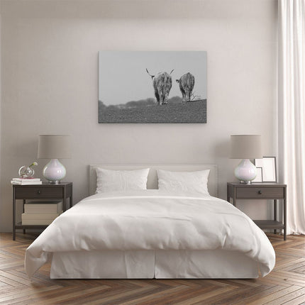Canvas schilderij slaapkamer Twee Schotse Hooglanders Koeien Lopen Weg - Zwart Wit