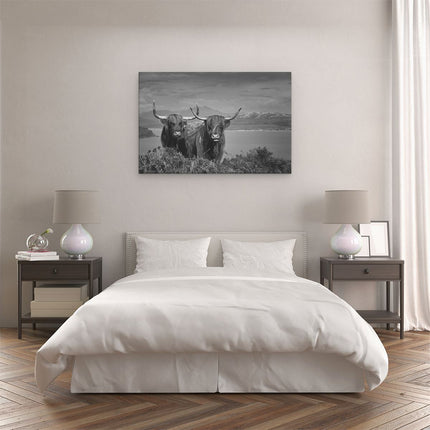 Canvas schilderij slaapkamer Twee Schotse Hooglanders bij een Meer - Zwart Wit
