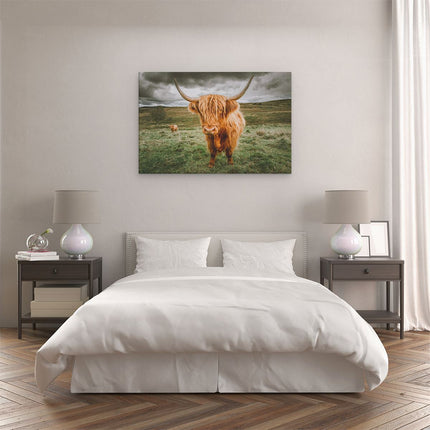 Canvas schilderij slaapkamer Schotse Hooglanders in de Weide met Wolken