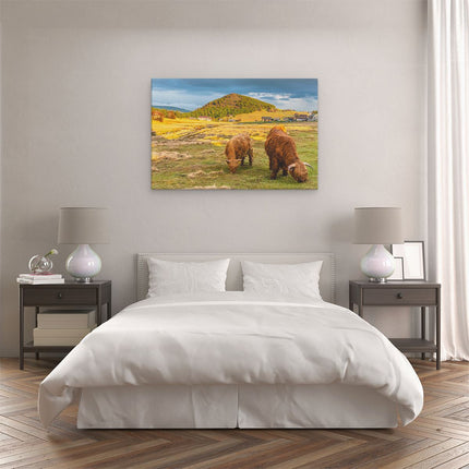 Canvas schilderij slaapkamer Twee Schotse Hooglanders bij een Dorp