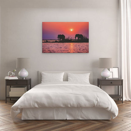 Canvas schilderij slaapkamer Twee Olifanten aan het Water bij Zonsondergang