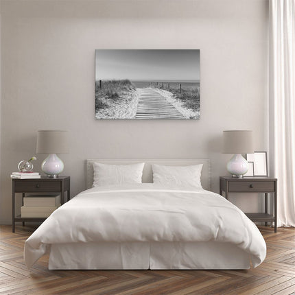 Canvas schilderij slaapkamer Voetpad in De Duinen met Zee op de Achtergrond - Zwart Wit