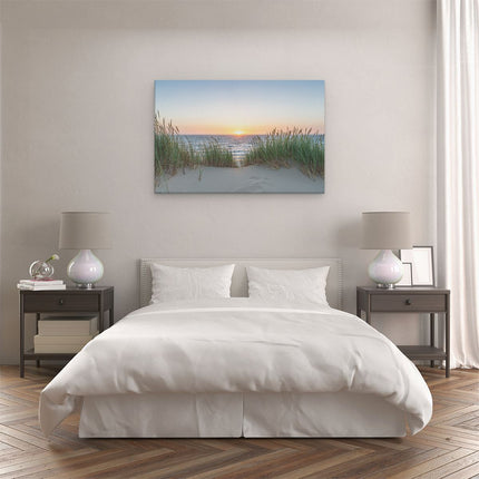 Canvas schilderij slaapkamer Zee vanuit Duinen met Zonsondergang