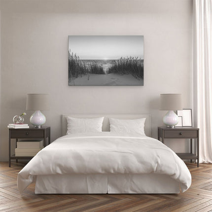 Canvas schilderij slaapkamer Zee vanuit Duinen met Zonsondergang - Zwart Wit