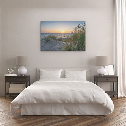 Canvas schilderij slaapkamer Strand en Zee vanuit de Duinen met Zonsondergang