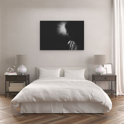 Canvas schilderij slaapkamer Boeddha Beeld met Gouden Zon - Zwart Wit