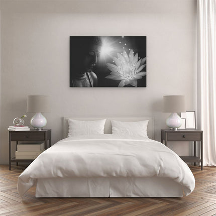 Canvas schilderij slaapkamer Boeddha Beeld met Bloem - Zwart Wit