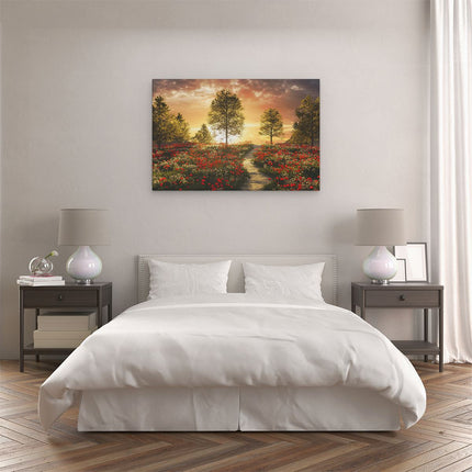 Canvas schilderij slaapkamer Mooi Landschap met Rode Bloemen en Zonsondergang