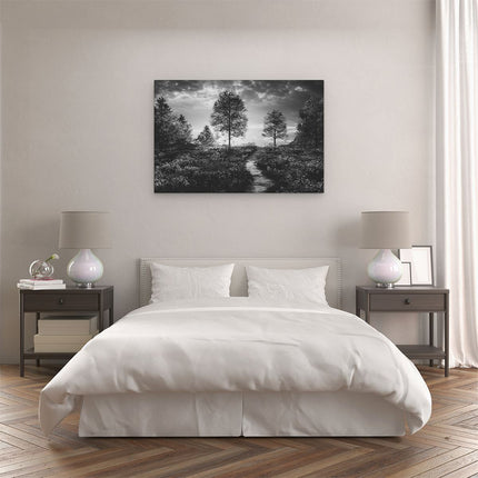 Canvas schilderij slaapkamer Mooi Landschap met Rode Bloemen en Zonsondergang - Zwart Wit