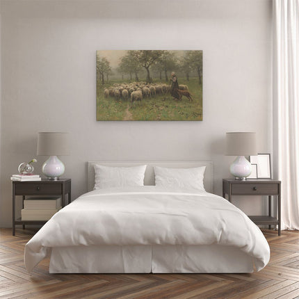 Canvas schilderij slaapkamer Herderin met Kudde Schapen - Anton Mauve