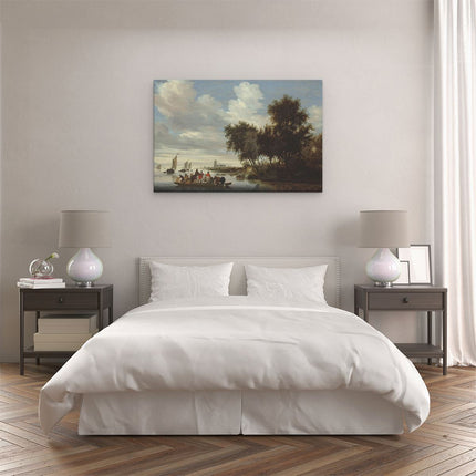 Canvas schilderij slaapkamer Rivierlandschap met een Veerboot - Salomon van Ruysdael