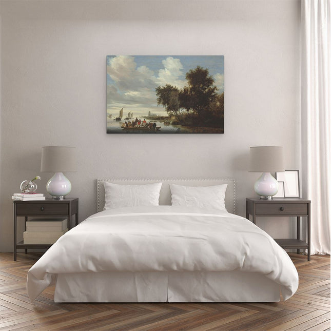 Canvas schilderij slaapkamer Rivierlandschap met een Veerboot - Salomon van Ruysdael