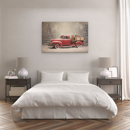 Canvas schilderij slaapkamer Rode Pick-Up wagen - Kerst