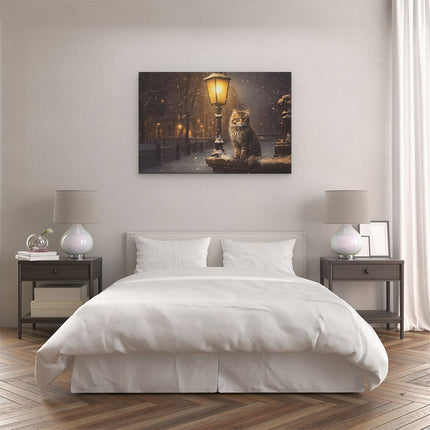 Canvas schilderij slaapkamer Kat bij een Lantaarnpaal in de Winter