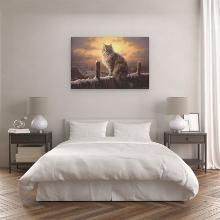 Canvas schilderij slaapkamer Kat in de Winter op een Hek