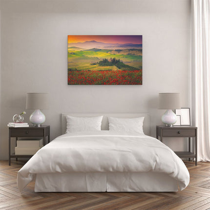 Canvas schilderij slaapkamer Rode Bloemenveld in Toscane, Italië