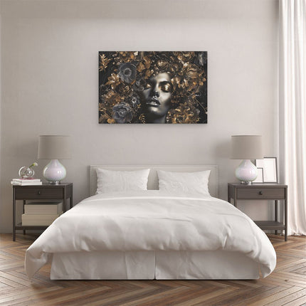 Canvas schilderij slaapkamer Vrouw met Bloemen op haar Hoofd