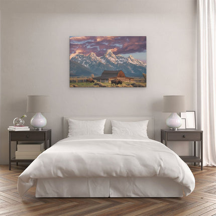 Canvas schilderij slaapkamer Bizons Grazen voor een Schuur