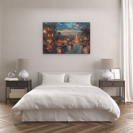 Canvas schilderij slaapkamer Kunstwerk van een Straatbeeld met een Kabelbaan