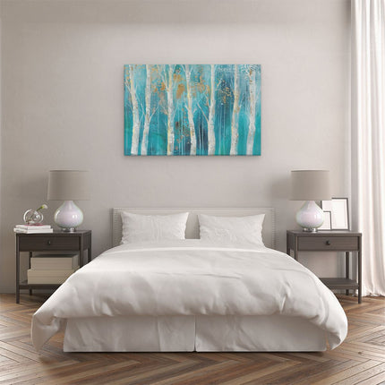 Canvas schilderij slaapkamer Kunstwerk van Berkenbomen in Blauw en Goud