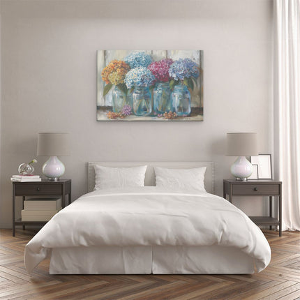 Canvas schilderij slaapkamer Hortensia's in Glazen Potten