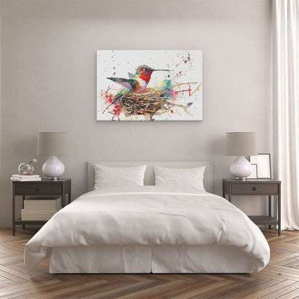Canvas schilderij slaapkamer Aquarelkunstwerk van een Kolibrie in een Nest