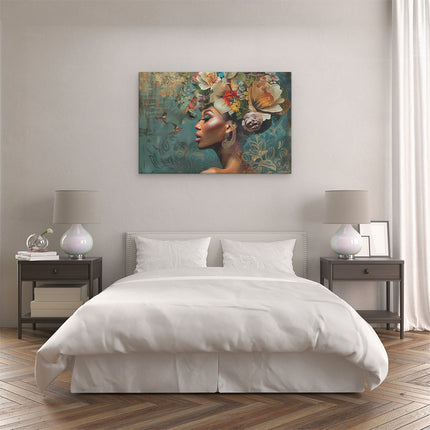 Canvas schilderij slaapkamer Vrouw met Bloemen op haar Hoofd
