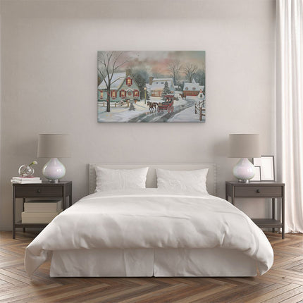 Canvas schilderij slaapkamer Kunstwerk van een Kerstdorp met een Paardenkoets