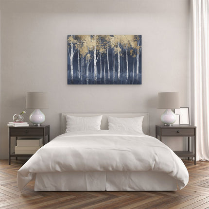 Canvas schilderij slaapkamer Kunstwerk van Berkenbomen in Blauw en Goud