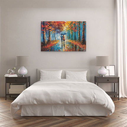 Canvas schilderij slaapkamer Paar dat in de Regen loopt met een Paraplu