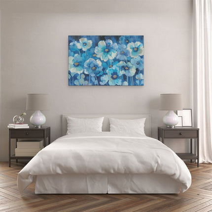 Canvas schilderij slaapkamer Blauwe Bloemen op een Zwarte Achtergrond