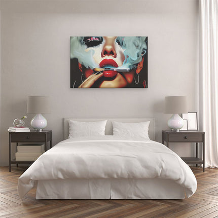 Canvas schilderij slaapkamer Vrouw die een Sigaret Rookt