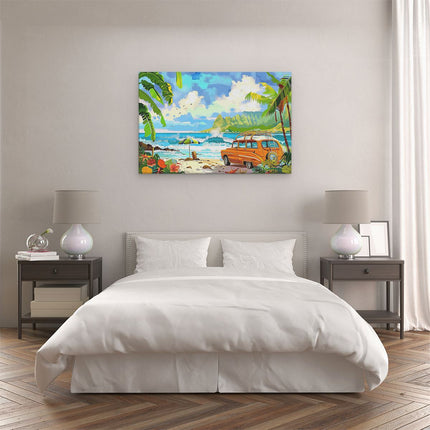 Canvas schilderij slaapkamer Oranje Busje Geparkeerd op het Strand