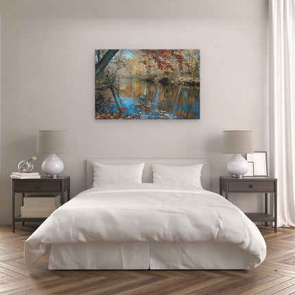 Canvas schilderij slaapkamer Herfstbladeren Weerspiegeld in een Rivier