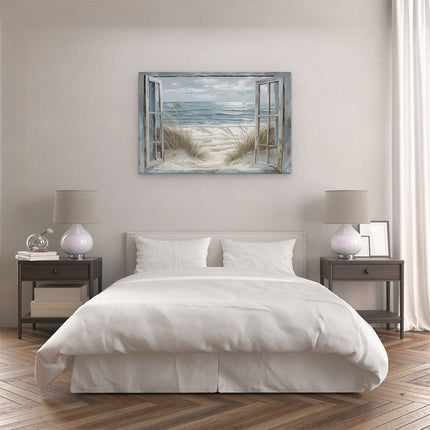 Canvas schilderij slaapkamer Open Raam met Meeuwen en Zand