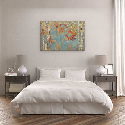 Canvas schilderij slaapkamer Berkenbomen met Herfstbladeren op een Blauwe Achtergrond