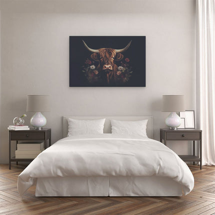 Canvas schilderij slaapkamer Koe met Hoorns en Bloemen