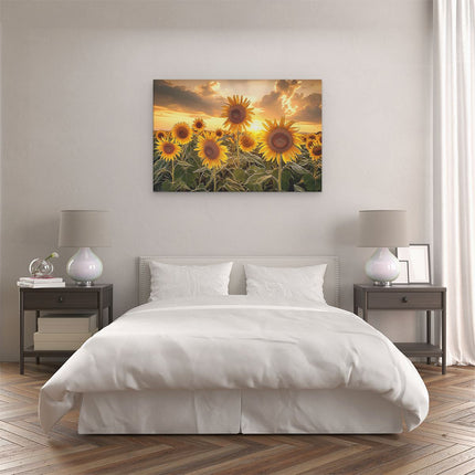 Canvas schilderij slaapkamer Zonnebloemen in een Veld bij Zonsondergang