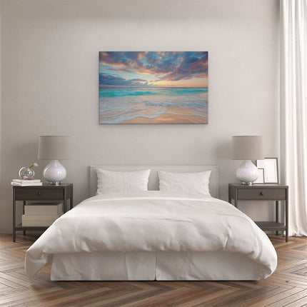 Canvas schilderij slaapkamer Strand met Golven bij Zonsondergang