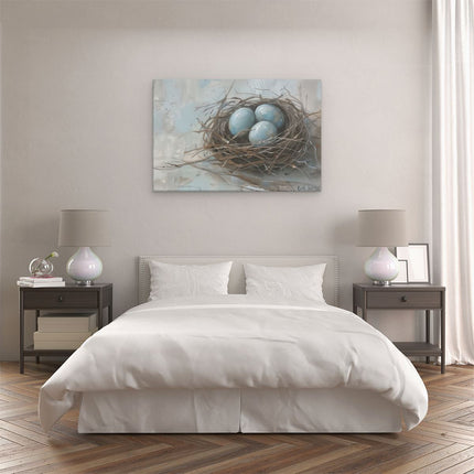 Canvas schilderij slaapkamer Drie Blauwe Eieren in een Nest