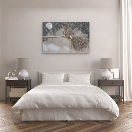 Canvas schilderij slaapkamer Haas met een Bezem in de Sneeuw